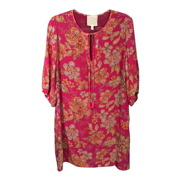 Johnny Was Jade Silk Vesna Floral Print Mini Dress Pullover Split Neck Tassels M - Picture 1 of 9